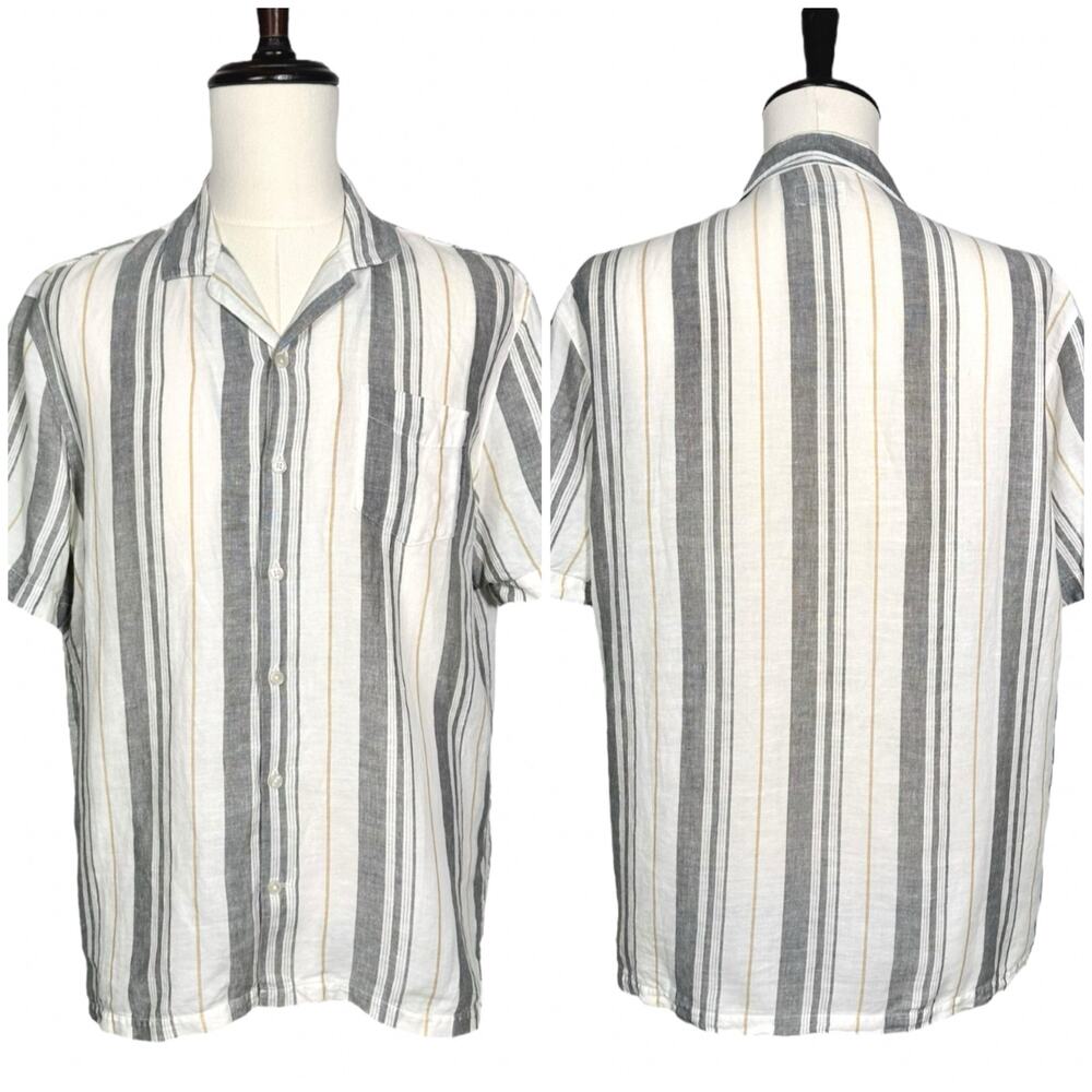 Frank And Oak | Men | Stripe Linen Cotton Relaxed Camp Button Up Shirt | Large